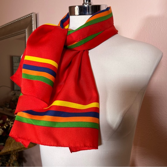 Vintage 70 80 Red MOD Rainbow Preppy Stripe Rectangle Bow Neck Scarf - Picture 8 of 17